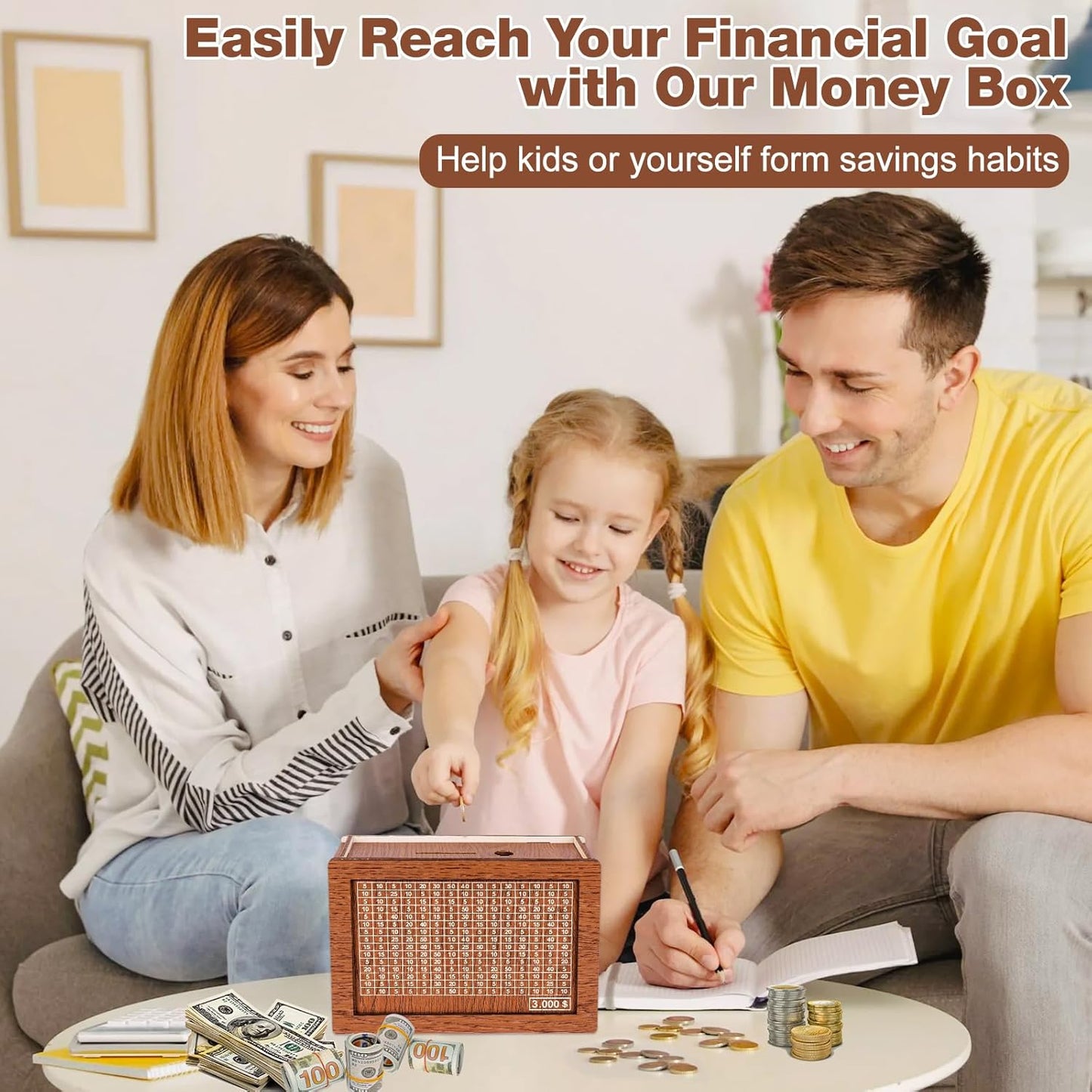 Wooden Money Box With 3000 Dollars Target