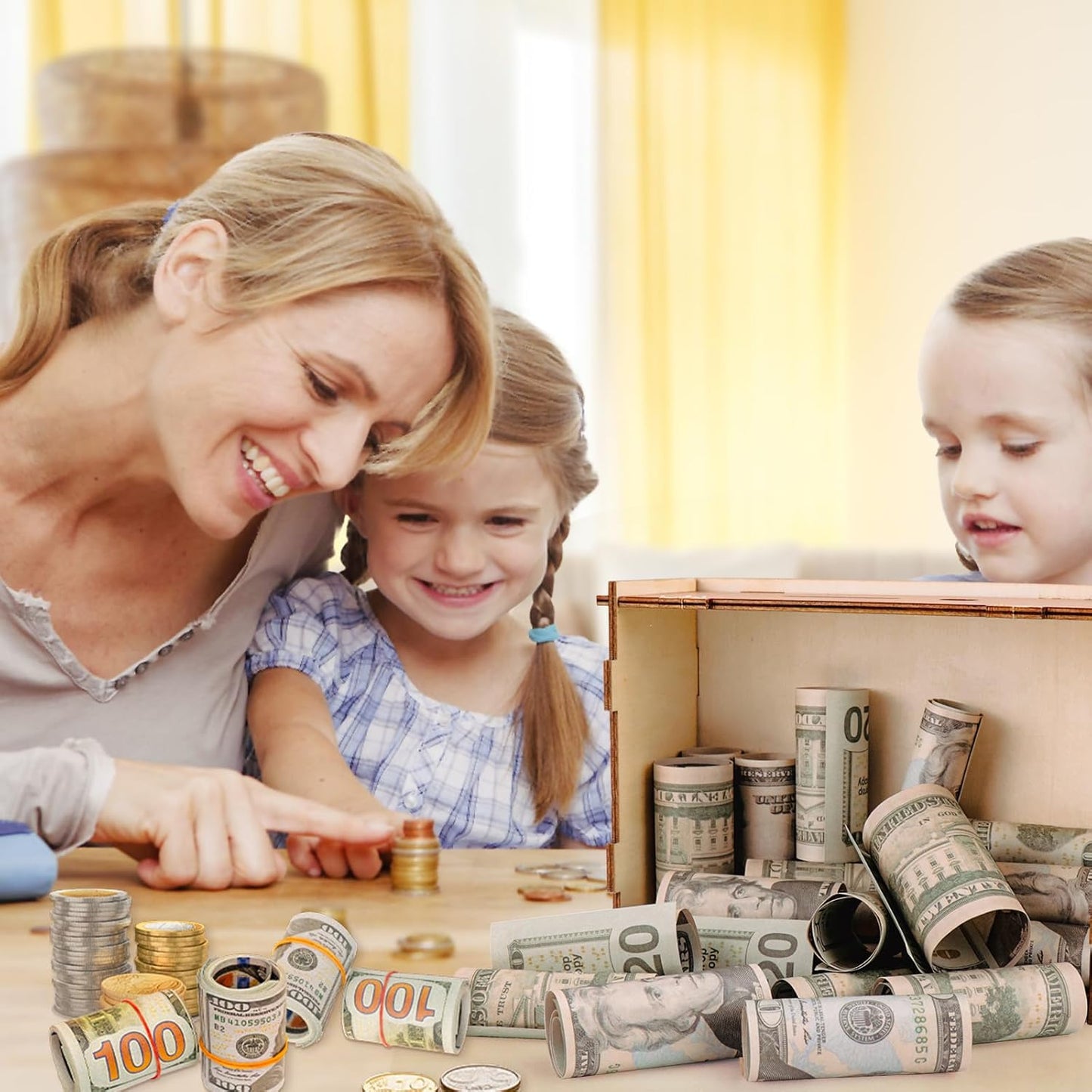 Wooden Money Box With 3000 Dollars Target