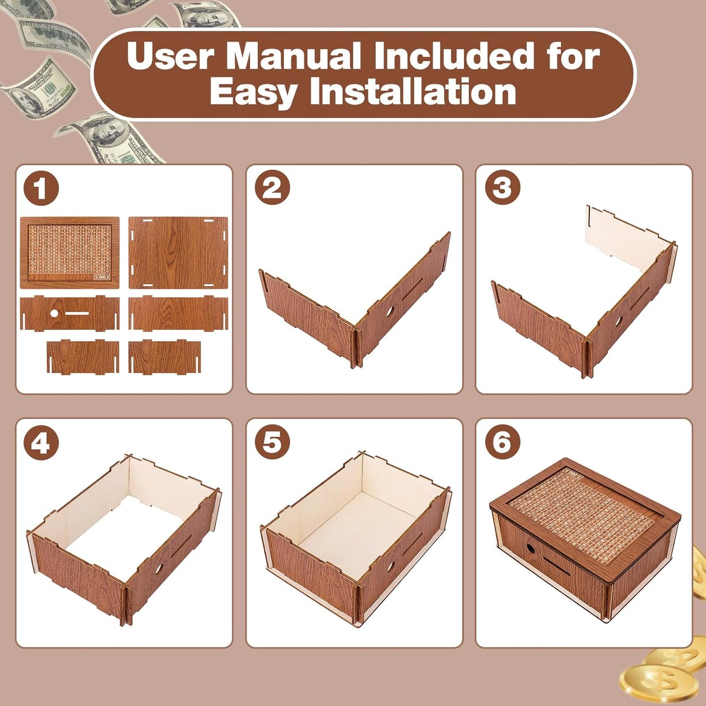 Wooden Money Box With 3000 Dollars Target