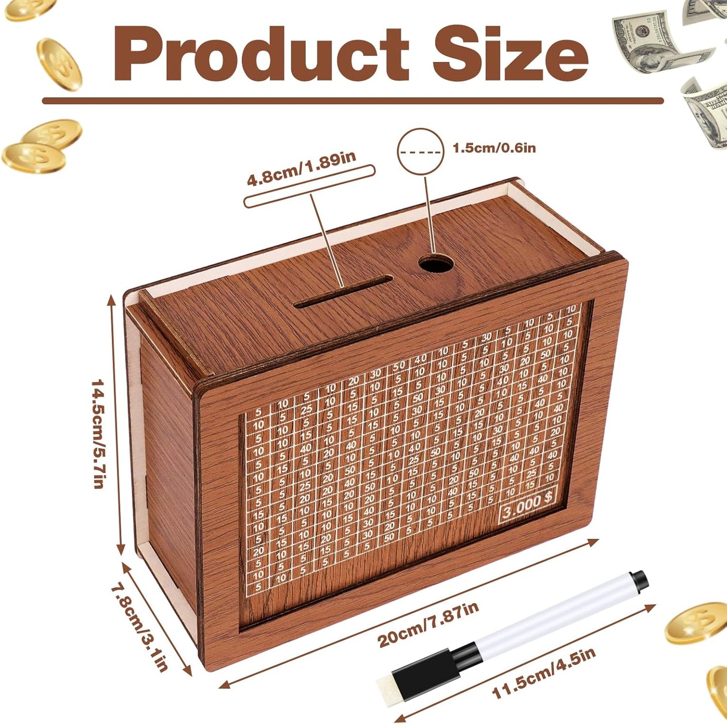 Wooden Money Box With 3000 Dollars Target