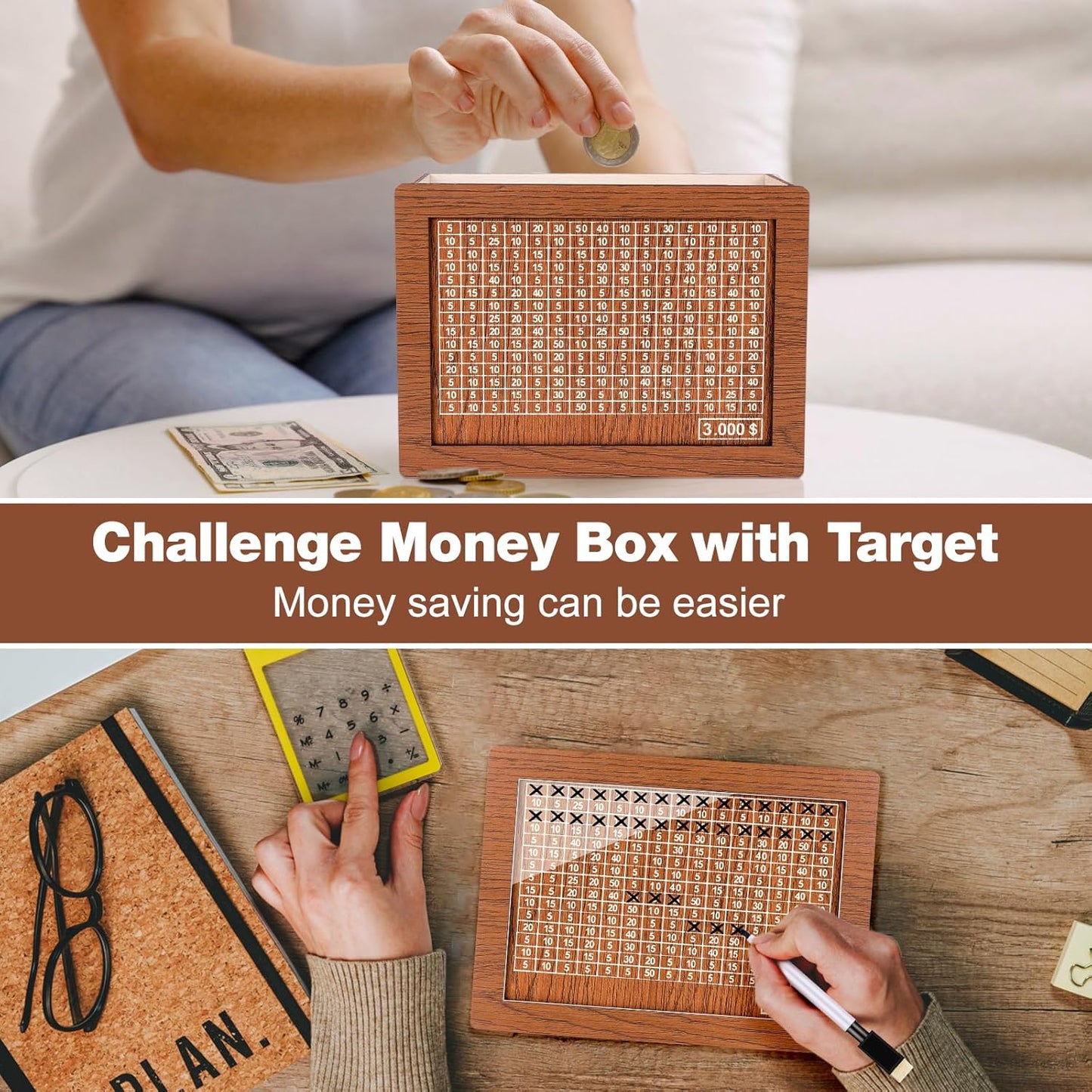 Wooden Money Box With 3000 Dollars Target