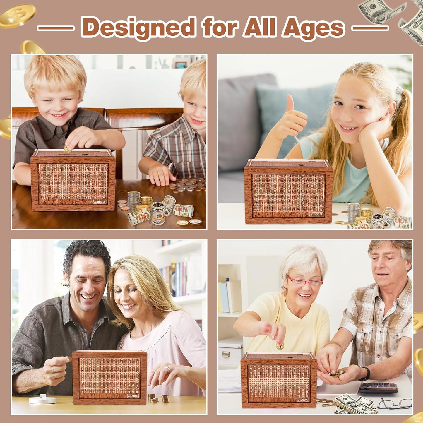Wooden Money Box With 3000 Dollars Target