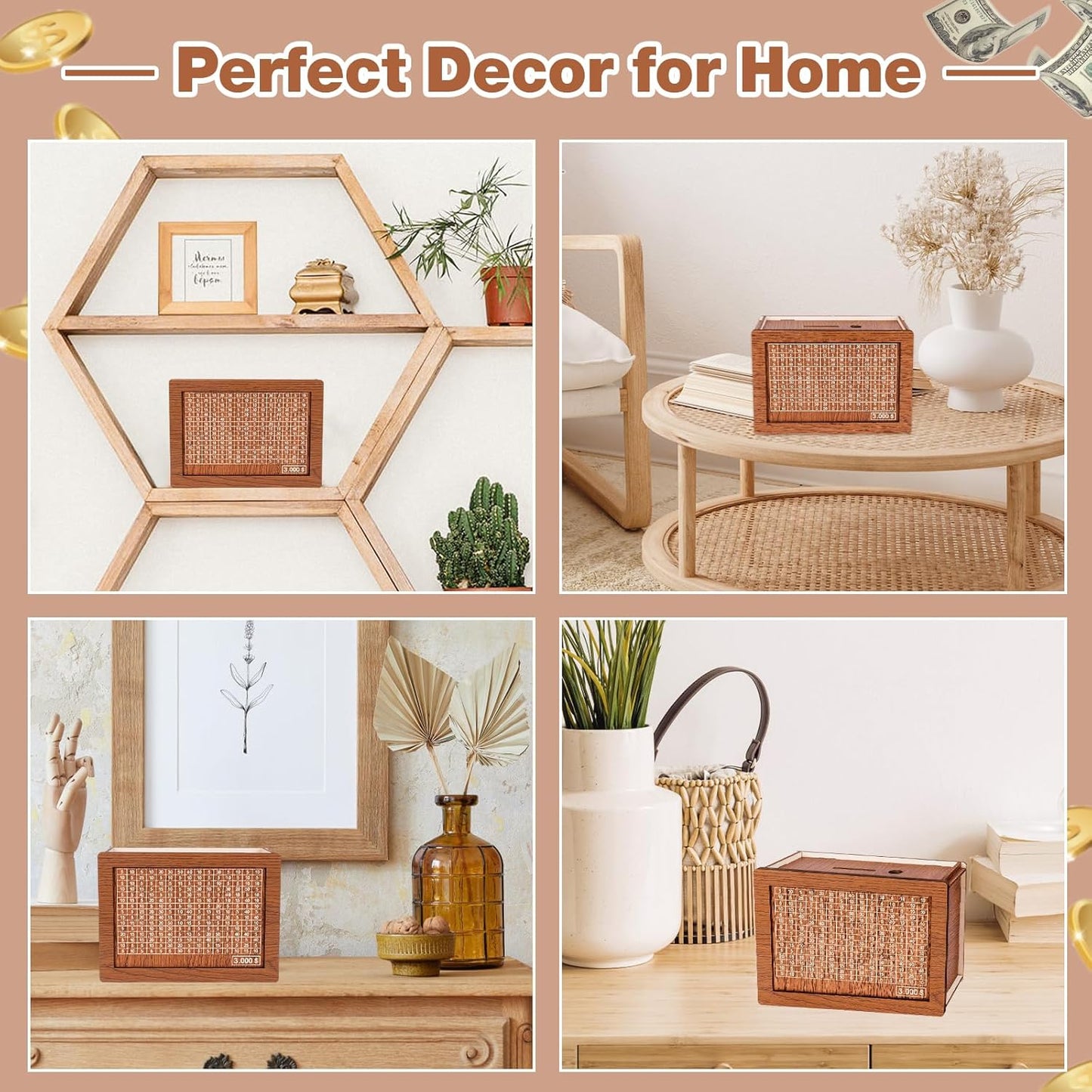 Wooden Money Box With 3000 Dollars Target