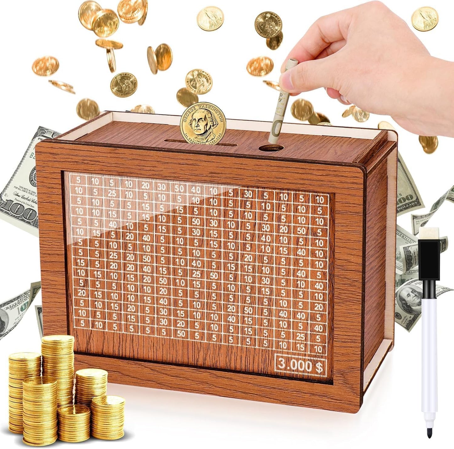 Wooden Money Box With 3000 Dollars Target